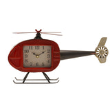 Helicopter Metal Mantel Clock with Rotors in Red & Black, featuring a round cream dial, black tail boom with tail rotor, top rotor blades, and landing skids, on a plain white background.