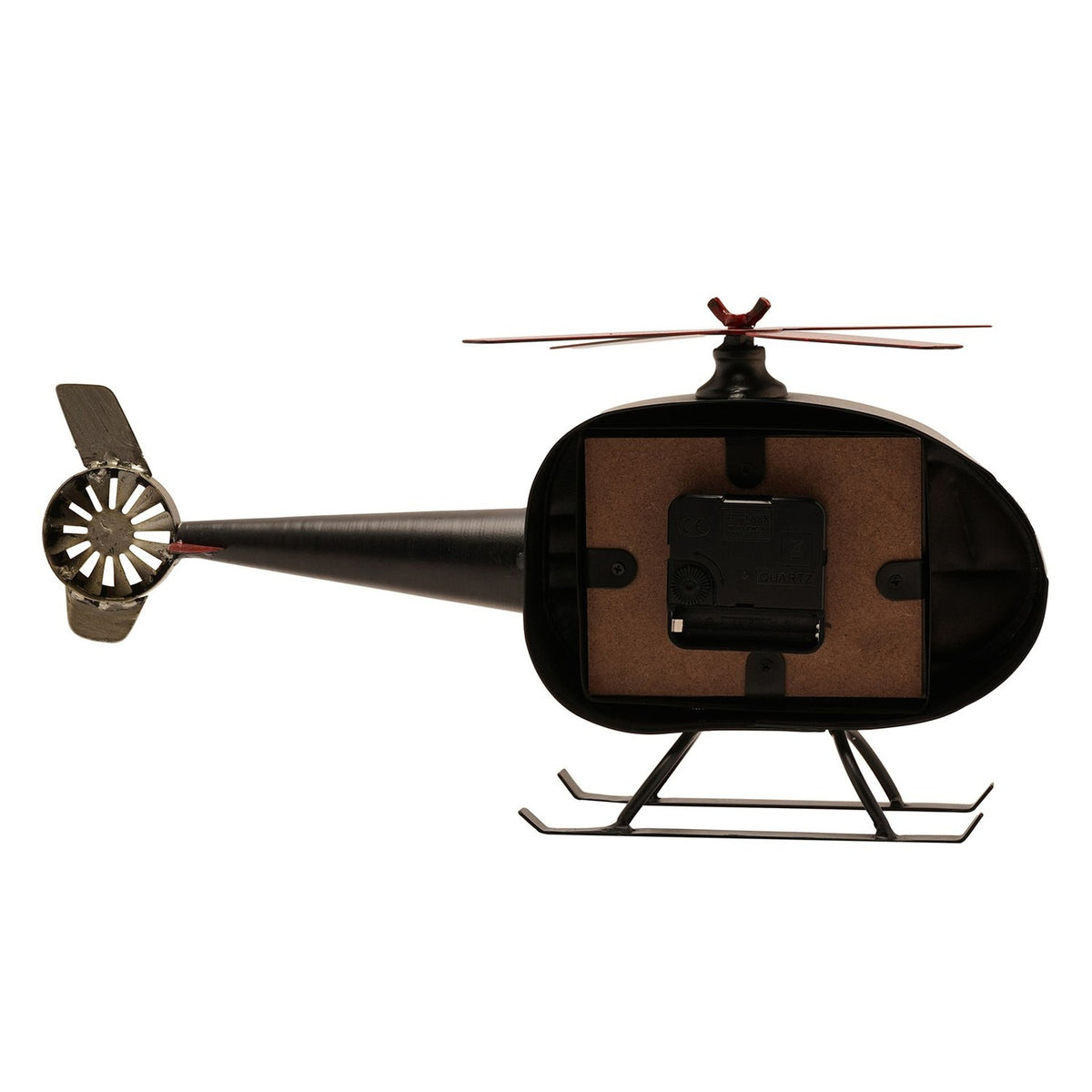 Helicopter Metal Mantel Clock with Rotors in black, shown rear-facing with clock mechanism exposed, tail rotor, slim top rotor blades and black landing skids, on a plain white background.