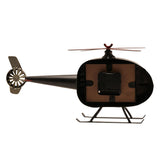 Helicopter Metal Mantel Clock with Rotors in black, shown rear-facing with clock mechanism exposed, tail rotor, slim top rotor blades and black landing skids, on a plain white background.