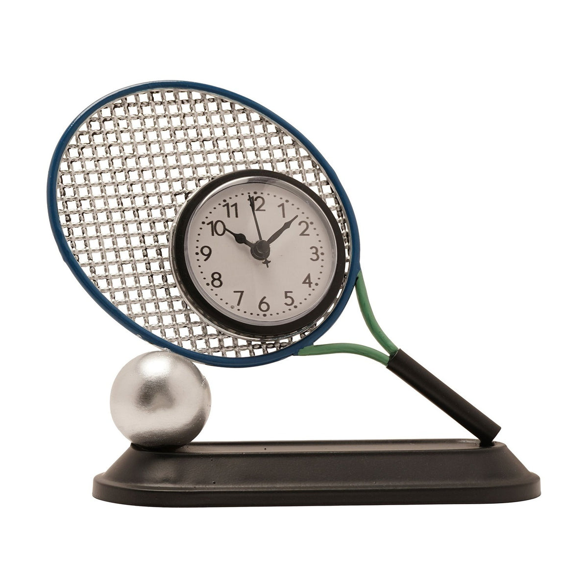 Silver and black metal mantel clock shaped like a tennis racket with blue rim, silver mesh strings, green throat, and black handle, leaning on a silver ball atop a black plinth.