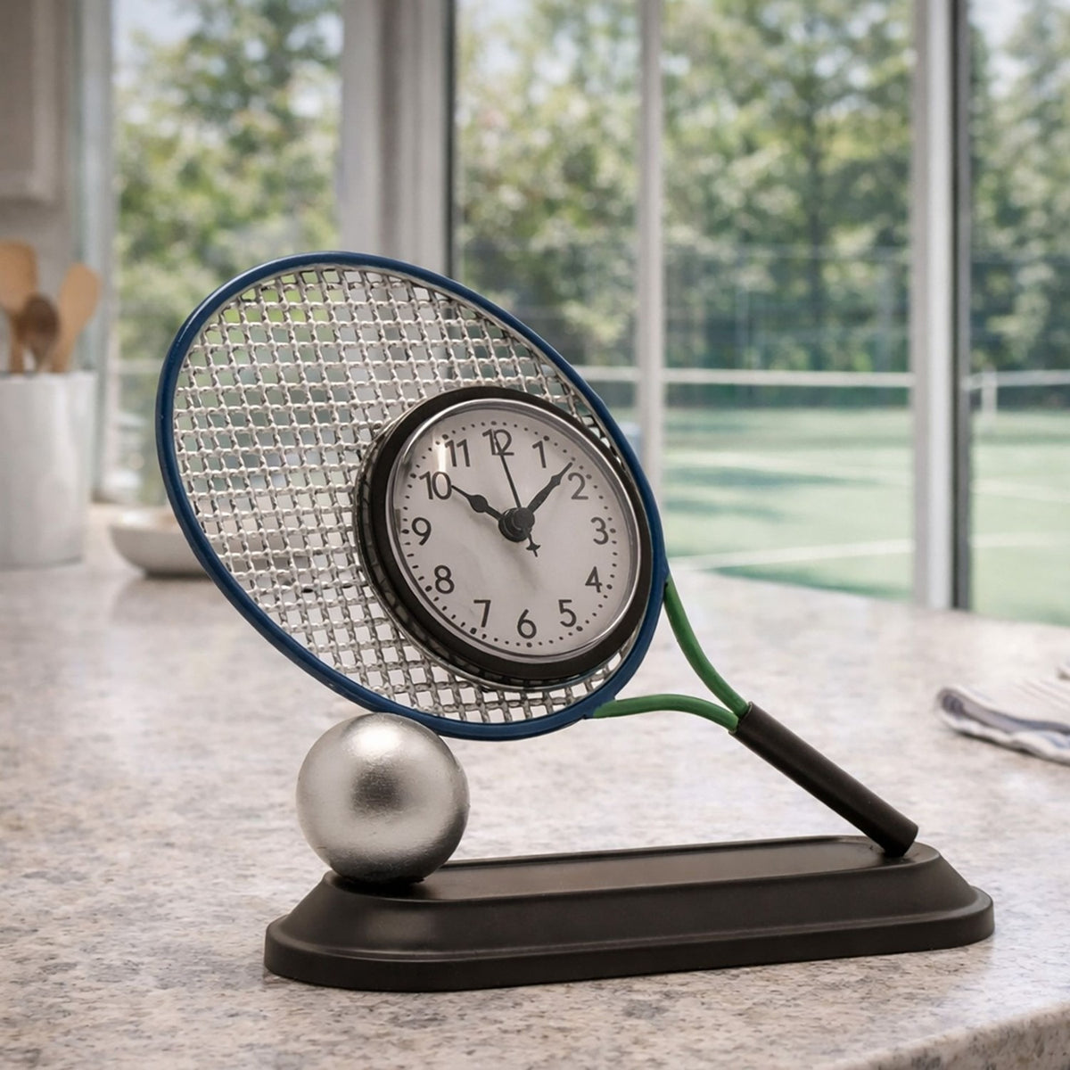 Tennis Racket and Ball Metal Mantel Clock in silver and black, with a blue-rimmed racket head framing a white clock face, leaning on a silver ball atop a black plinth, shown on a kitchen counter.