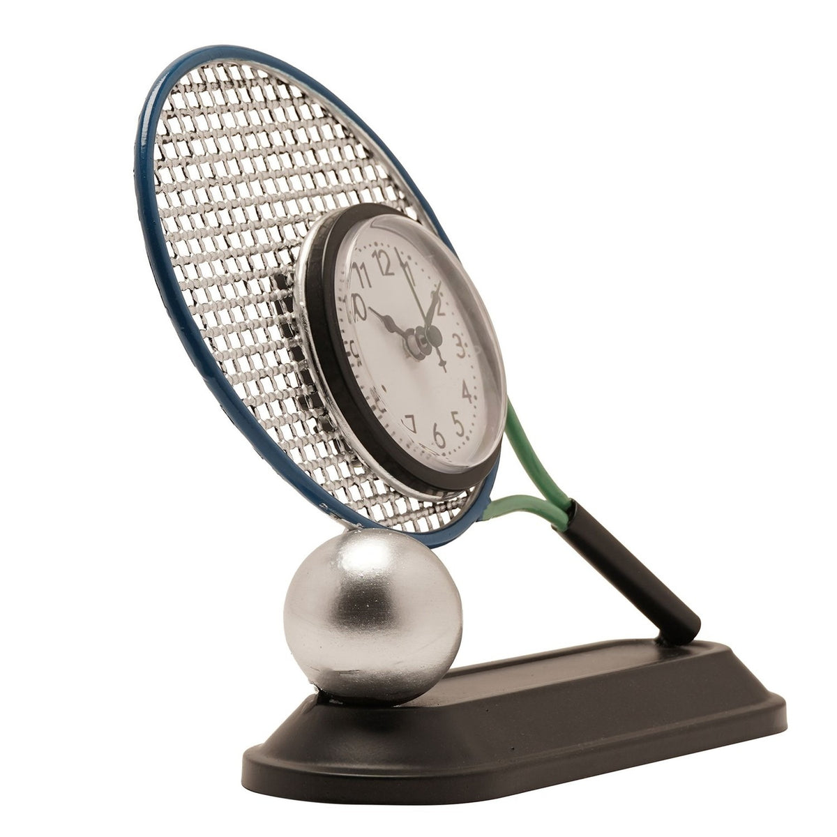 Silver and black metal mantel clock shaped like a tennis racket and ball, with a blue-rimmed racket head, white clock face set in silver mesh strings, and a black plinth base.