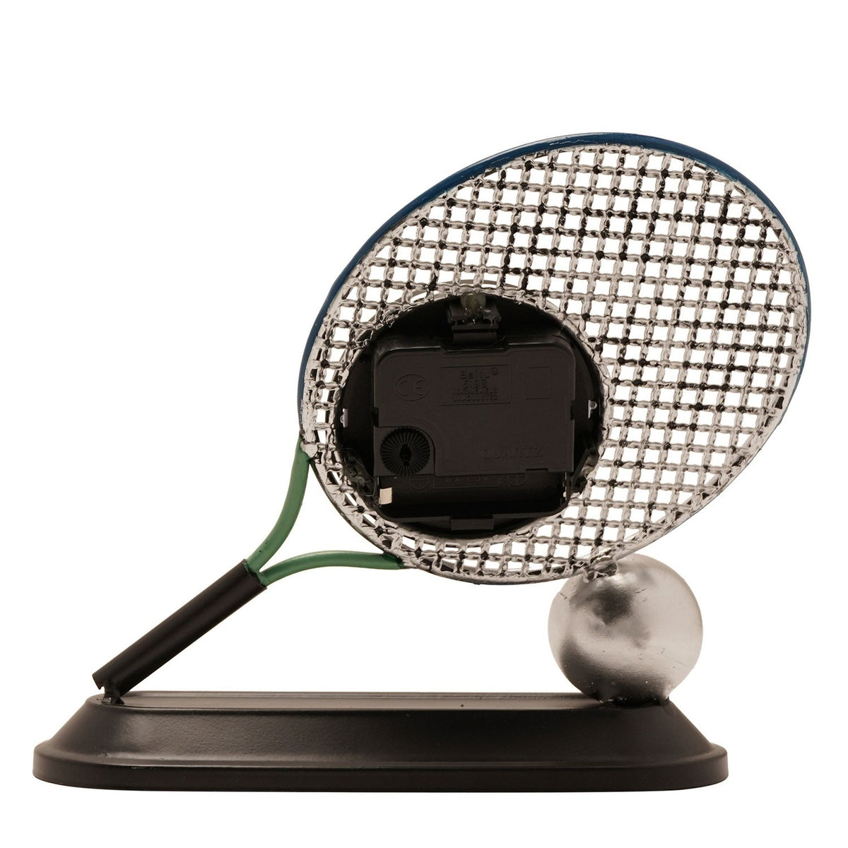 Rear view of the Tennis Racket and Ball Metal Mantel Clock, showing the exposed movement in the silver racket head, green throat, black handle, and silver ball on a black plinth.