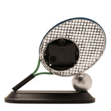 Rear view of the Tennis Racket and Ball Metal Mantel Clock, showing the exposed movement in the silver racket head, green throat, black handle, and silver ball on a black plinth.