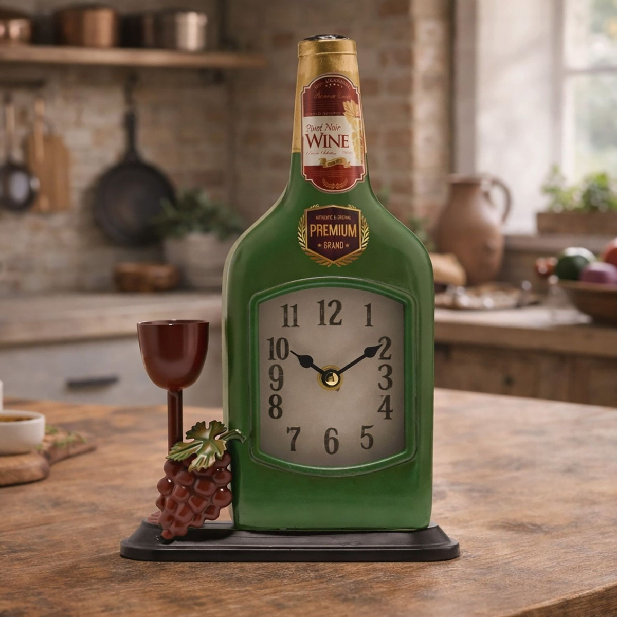Wine Bottle Metal Mantel Clock with Grape Cluster - Green
