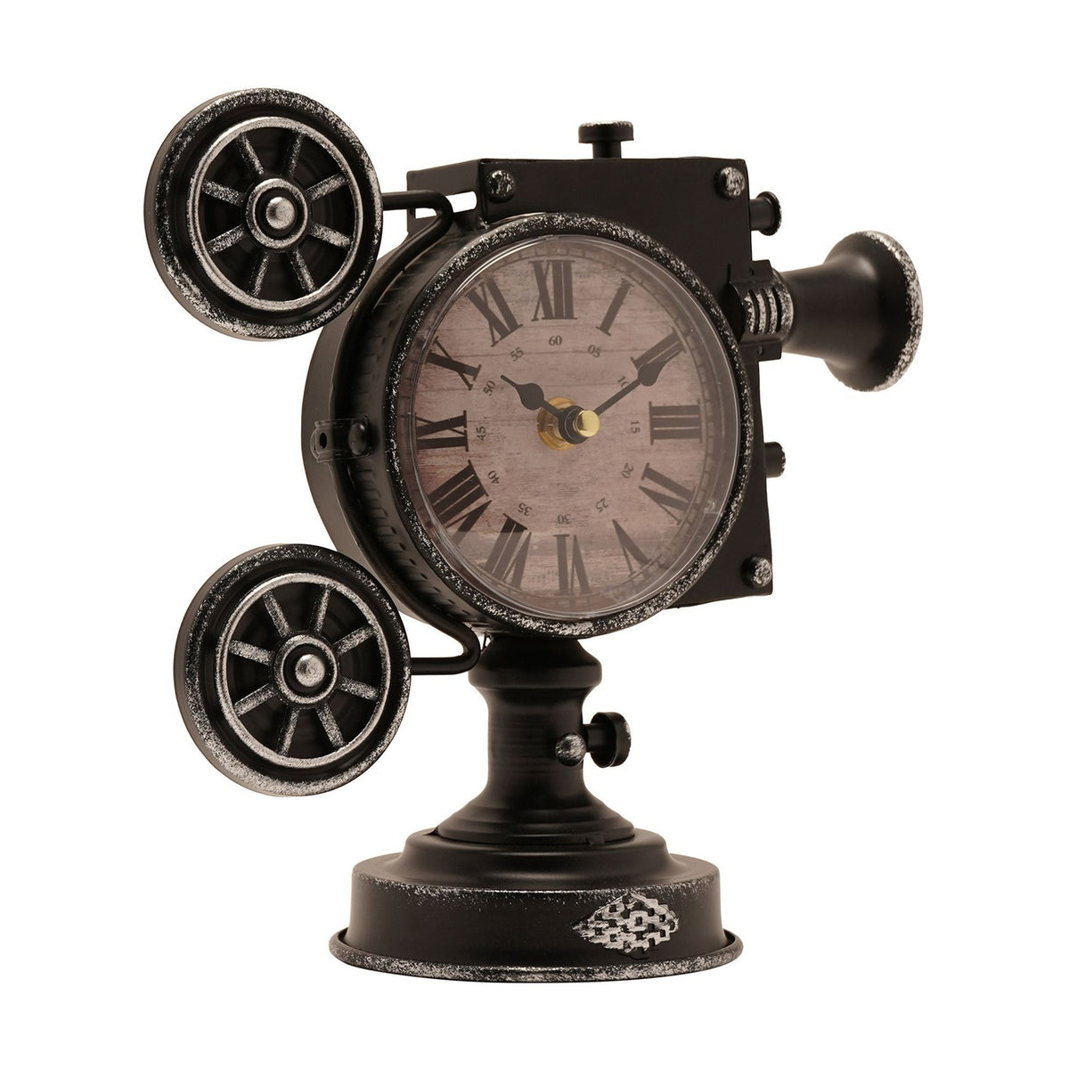 Film Projector Metal Mantel Clock with Twin Reels - Black