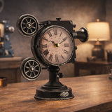 Film Projector Metal Mantel Clock with Twin Reels - Black