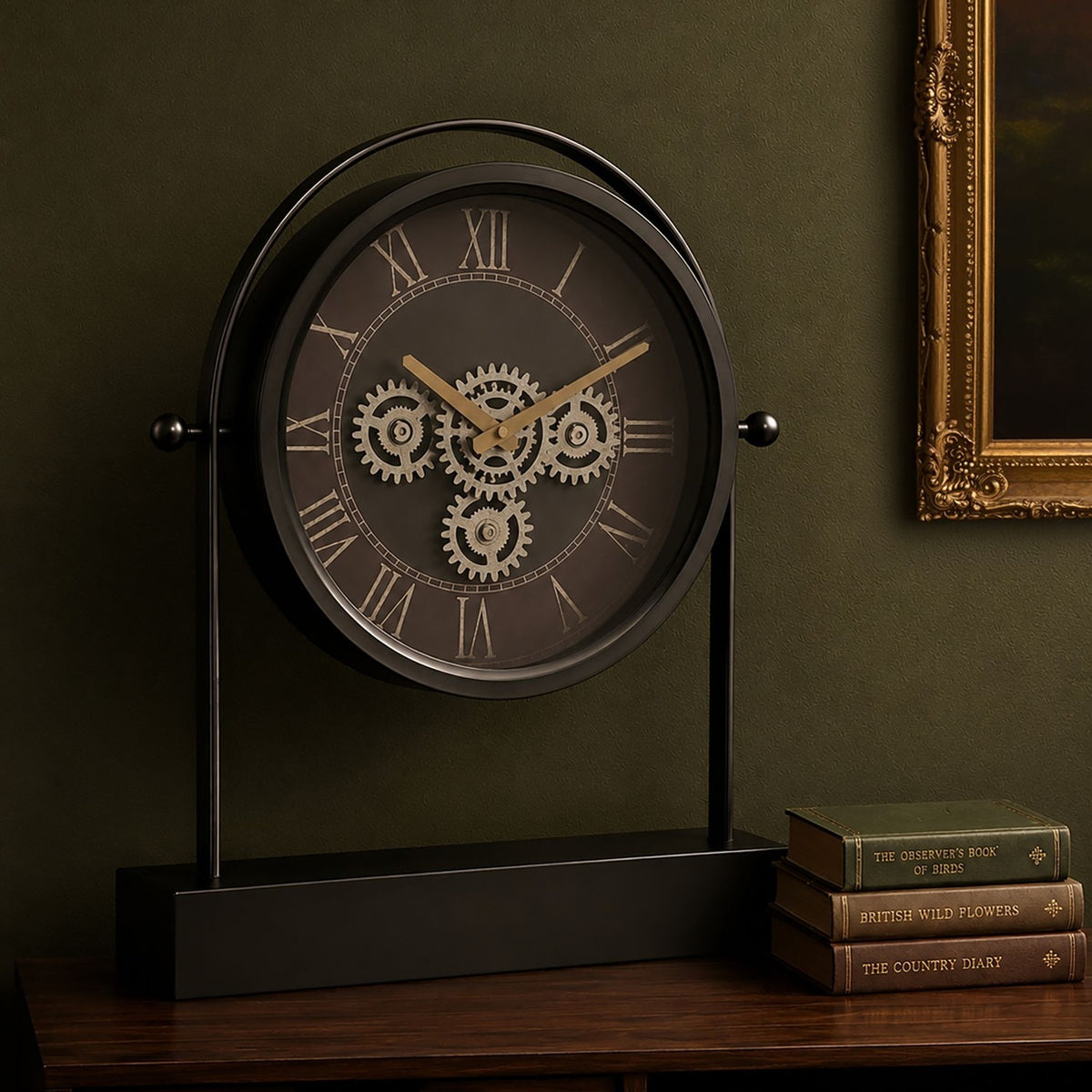Arched Roman Numeral Moving Gear Mantel Clock 45cm - Black