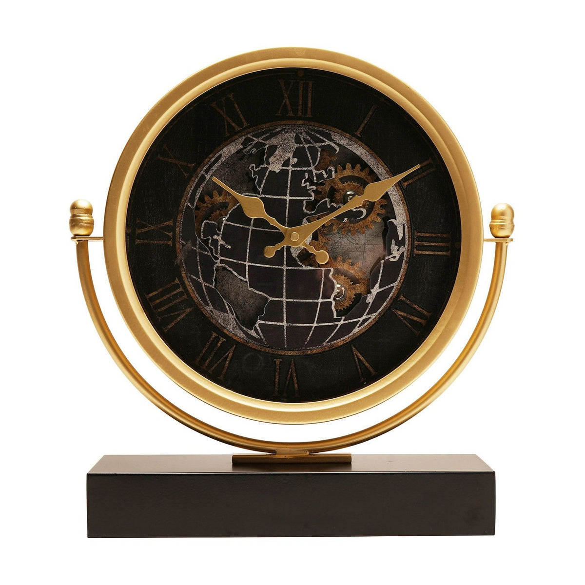 Round Moving Gear World Map Mantel Clock 39cm - Black & Gold