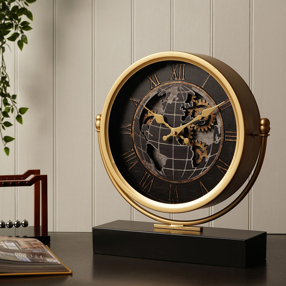 Round Moving Gear World Map Mantel Clock 39cm - Black & Gold