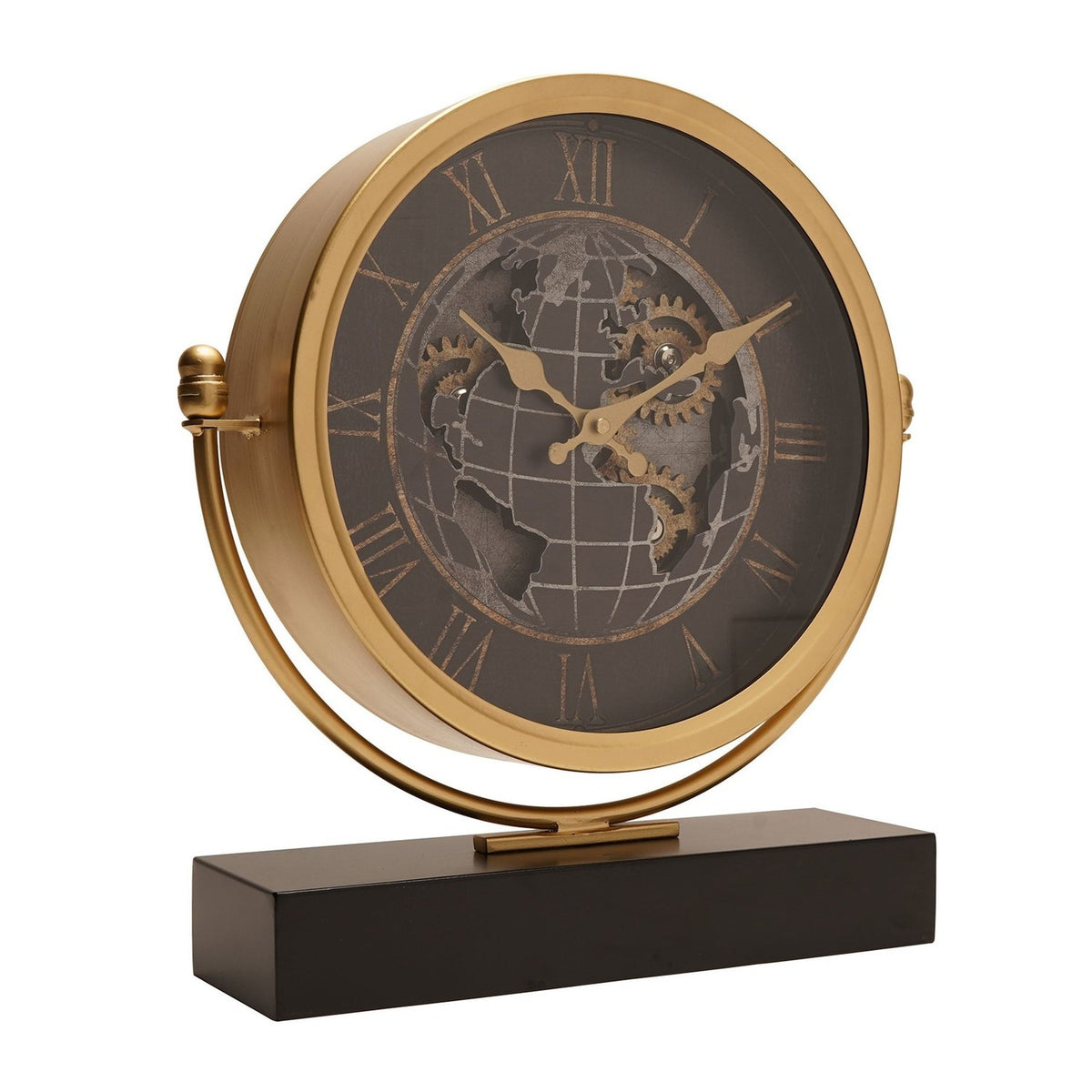 Round Moving Gear World Map Mantel Clock 39cm - Black & Gold