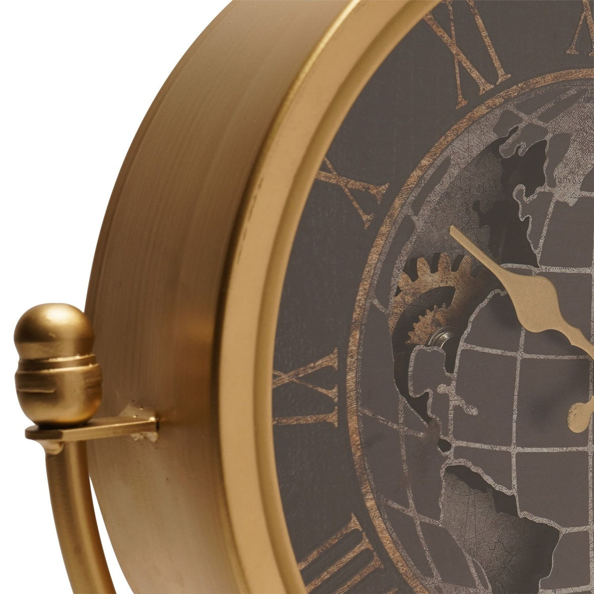 Round Moving Gear World Map Mantel Clock 39cm - Black & Gold