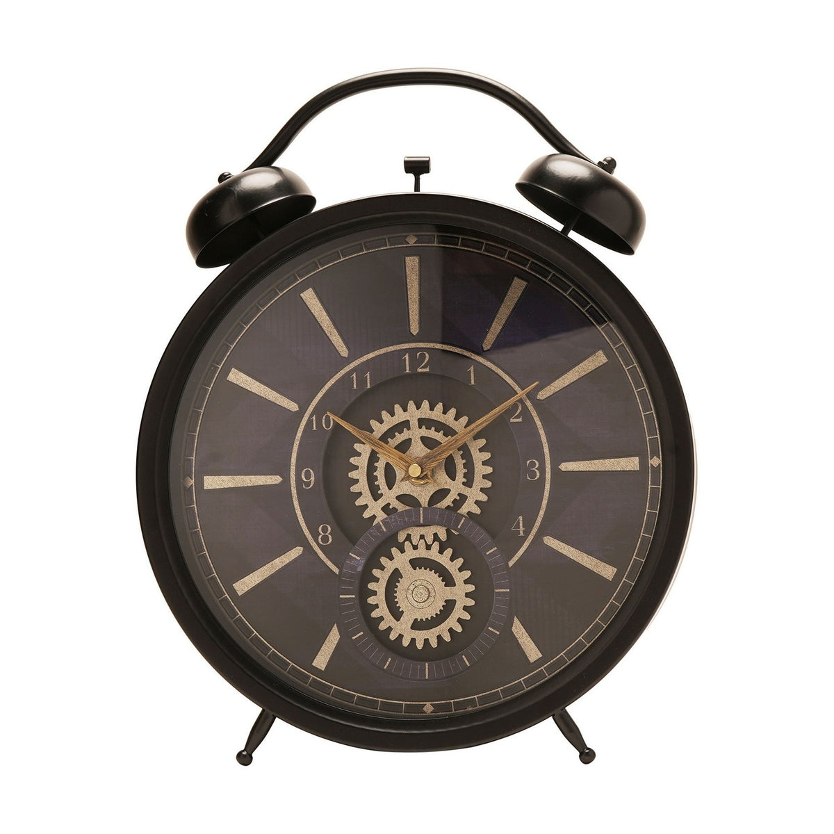 Round Twin Bell Moving Gear Mantel Clock 38.5cm - Black