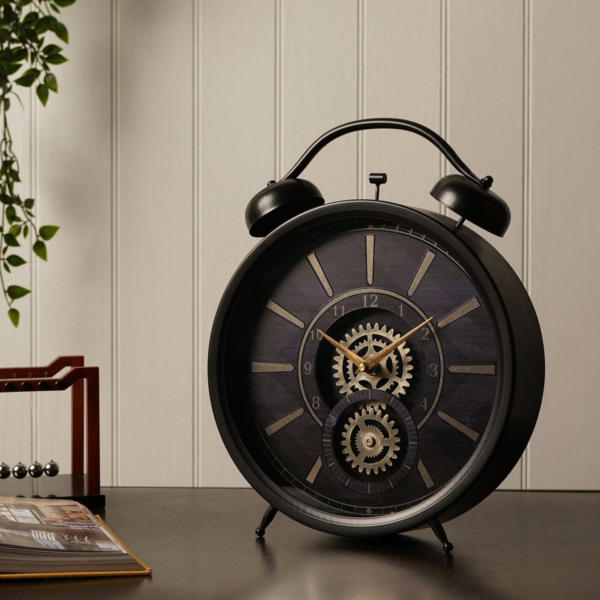 Round Twin Bell Moving Gear Mantel Clock 38.5cm - Black