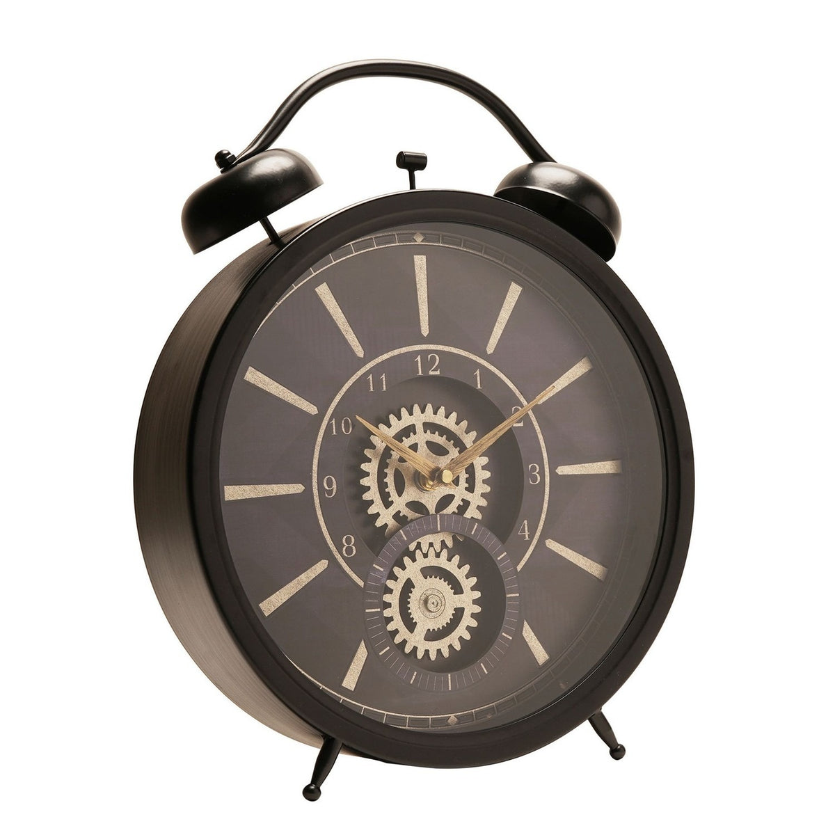 Round Twin Bell Moving Gear Mantel Clock 38.5cm - Black