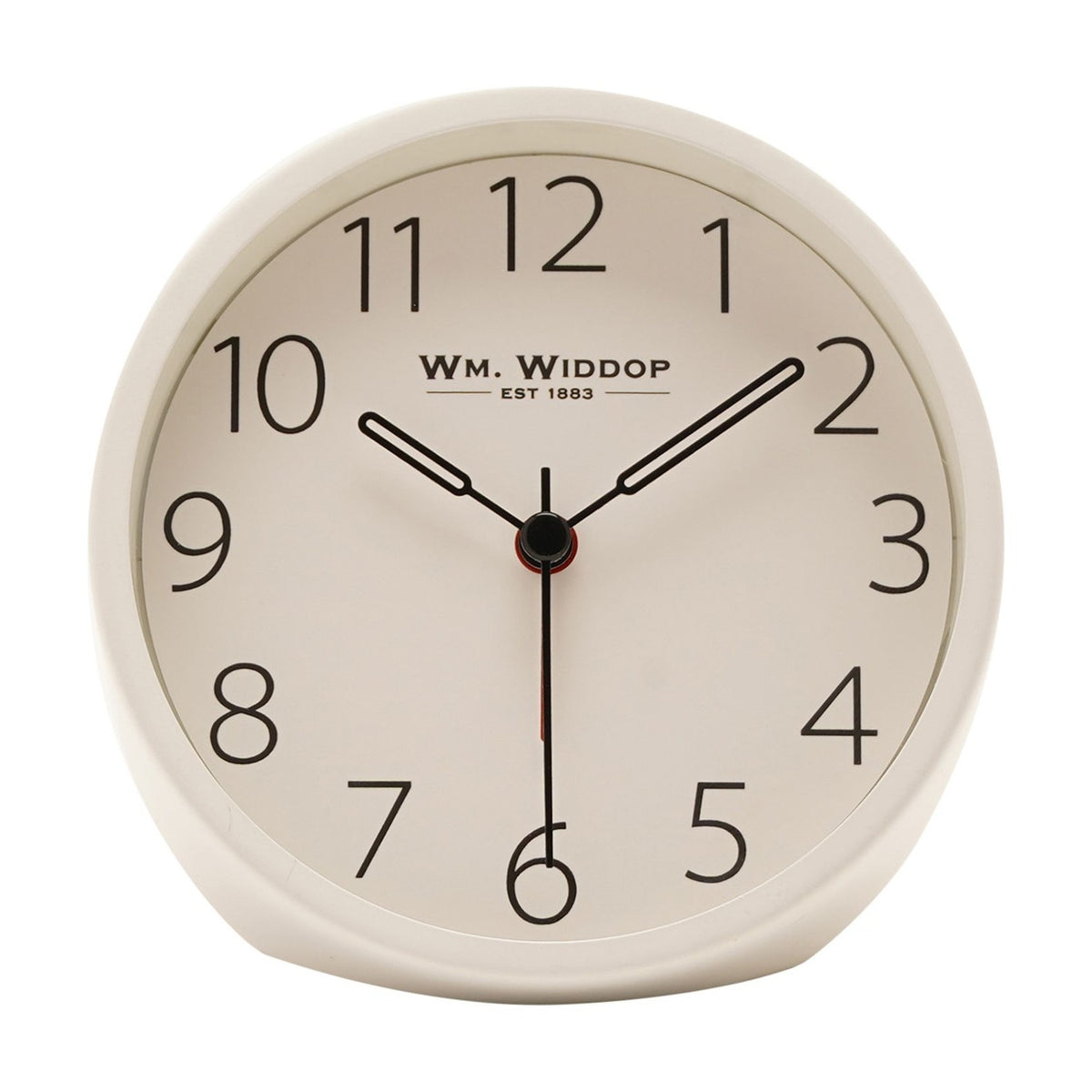 Round white metal alarm clock, 11cm, with a clear analogue dial featuring bold black numerals, black hour and minute hands, and a red second hand, shown on a plain background.