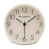 Round white metal alarm clock, 11cm, with a clear analogue dial featuring bold black numerals, black hour and minute hands, and a red second hand, shown on a plain background.
