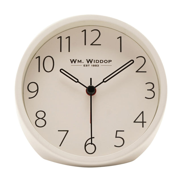 Round white metal alarm clock, 11cm, with a clear analogue dial featuring bold black numerals, black hour and minute hands, and a red second hand, shown on a plain background.