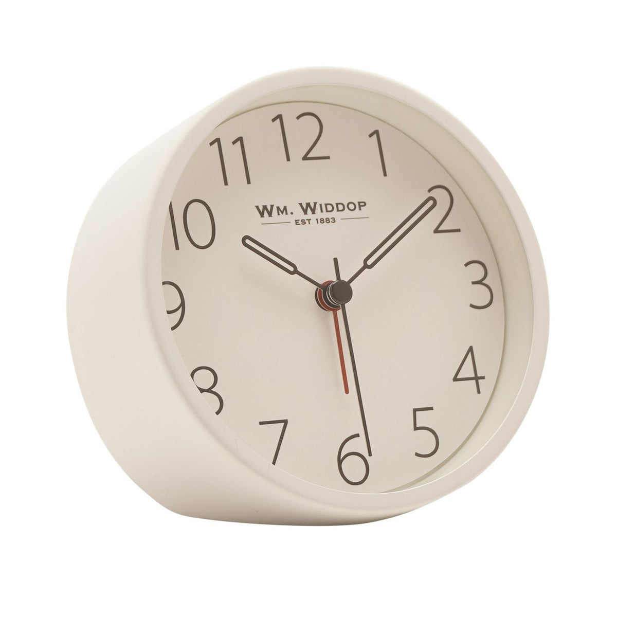 Round analogue metal alarm clock in white, 11cm, with bold numerals, dark hour and minute hands, a red second hand, and a deep rounded rim, shown on a plain white background.