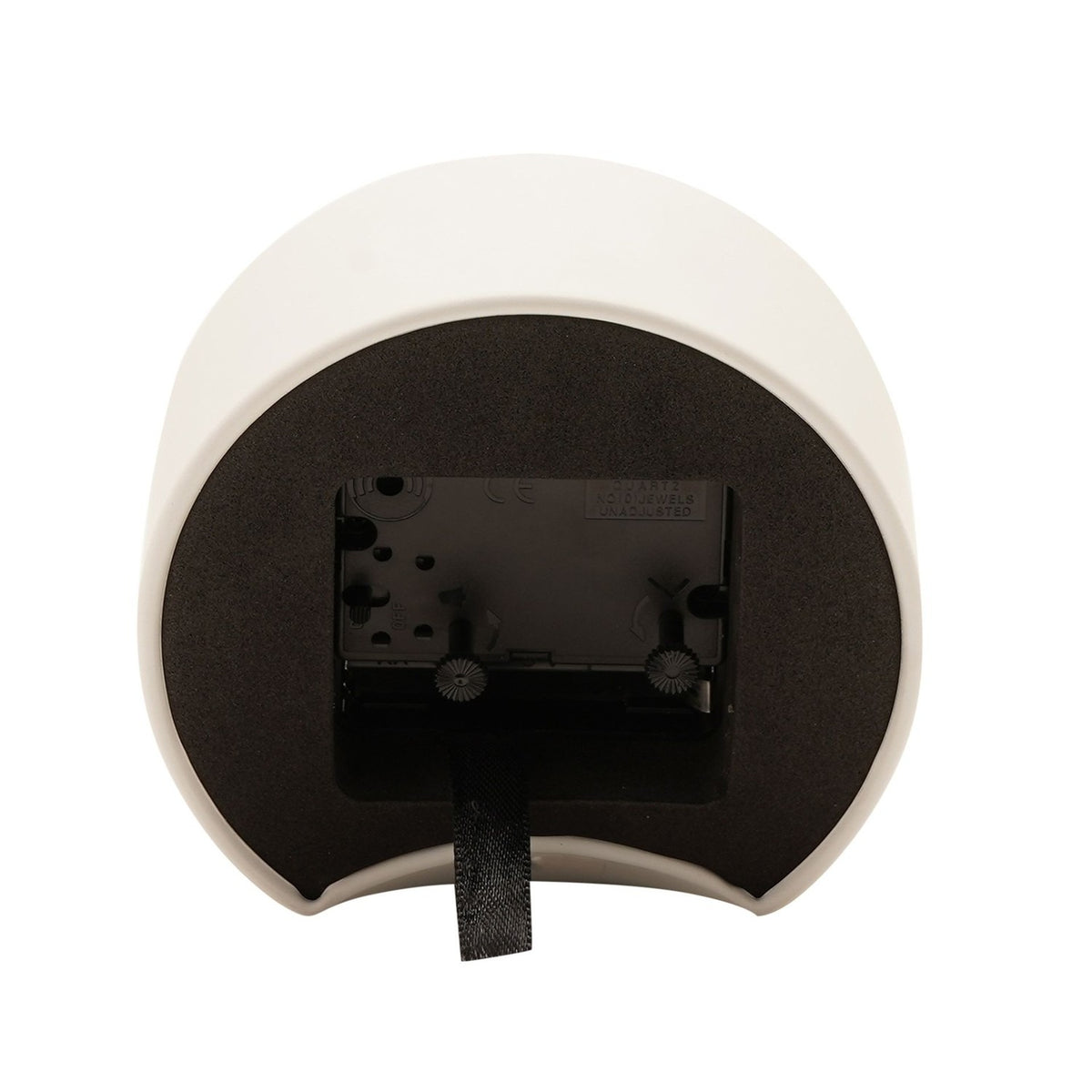 Rear view of the Round Analogue Metal Alarm Clock in white, showing the black battery compartment, clock mechanism, and adjustment dials on a plain background.