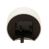 Rear view of the Round Analogue Metal Alarm Clock in white, showing the black battery compartment, clock mechanism, and adjustment dials on a plain background.