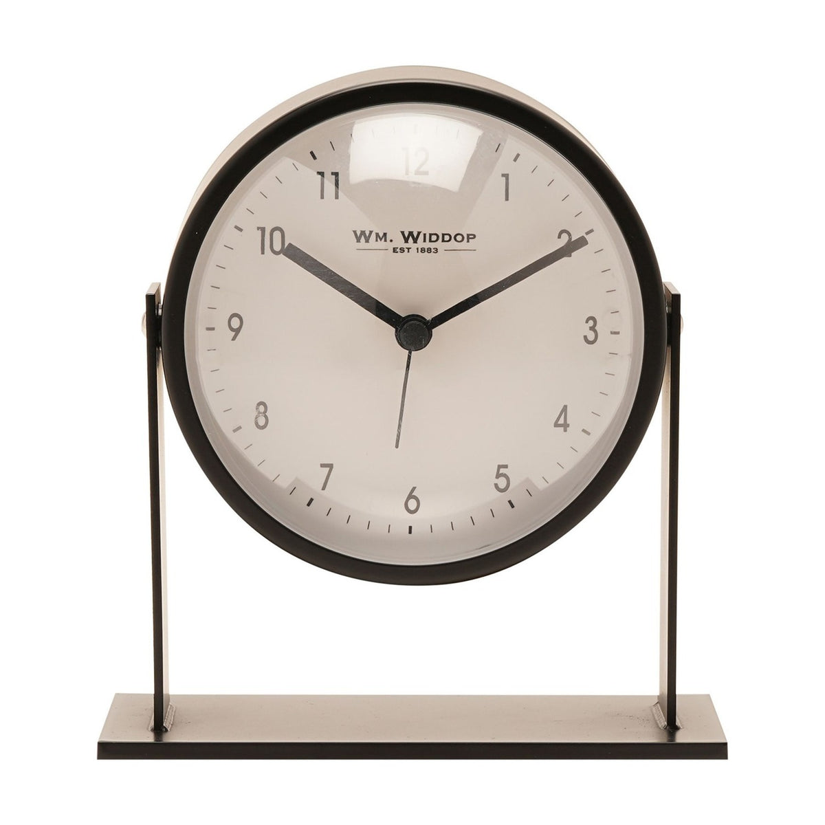 Round adjustable metal alarm clock, 13.5cm, with a white dial and black case mounted on upright arms over a flat black base, shown on a plain white background.