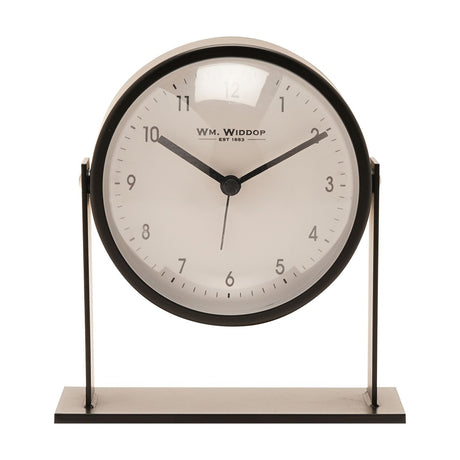 Round adjustable metal alarm clock, 13.5cm, with a white dial and black case mounted on upright arms over a flat black base, shown on a plain white background.