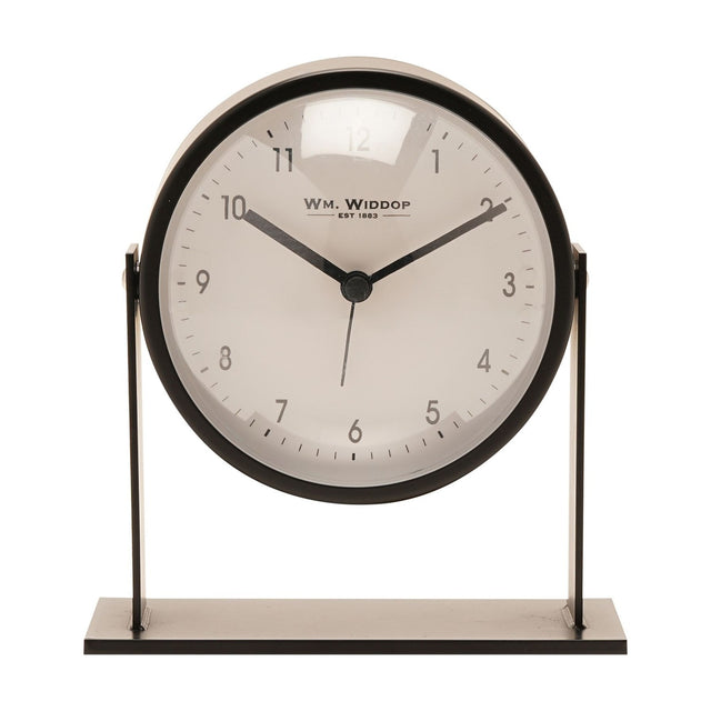 Round adjustable metal alarm clock, 13.5cm, with a white dial and black case mounted on upright arms over a flat black base, shown on a plain white background.