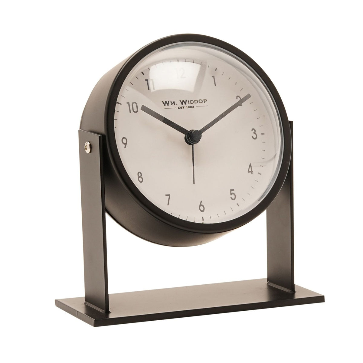 Round adjustable alarm clock with white dial and black numerals, set in a matt black metal case tilted between two upright arms on a rectangular base, shown on a plain white background.