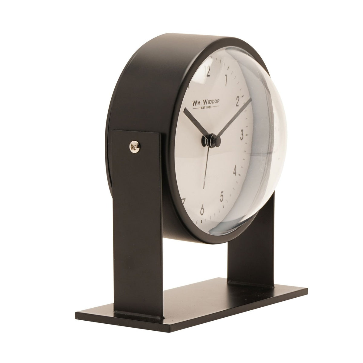 Round Adjustable Metal Alarm Clock 13.5cm in black and white, with a round white dial in a matt black case held by pivoting arms on a flat rectangular base, shown on a plain white background.