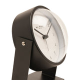 Round Adjustable Metal Alarm Clock, 13.5cm, with white dial in matt black case, pivot screw on bracket arm, shown on a plain white background.