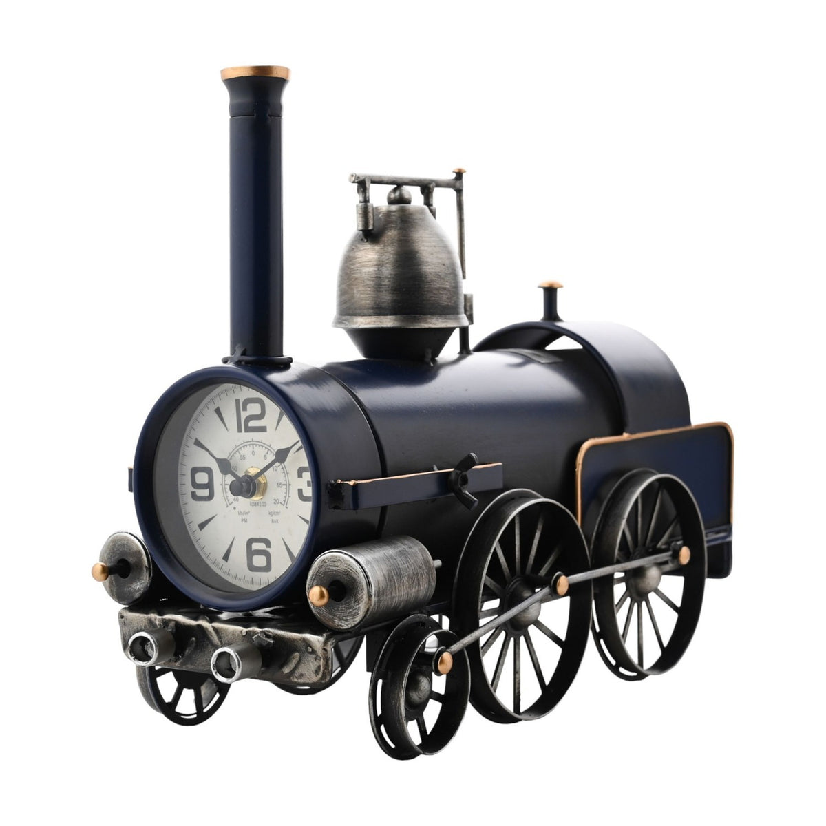 Vintage Steam Train Metal Mantel Clock with Money Box - Blue