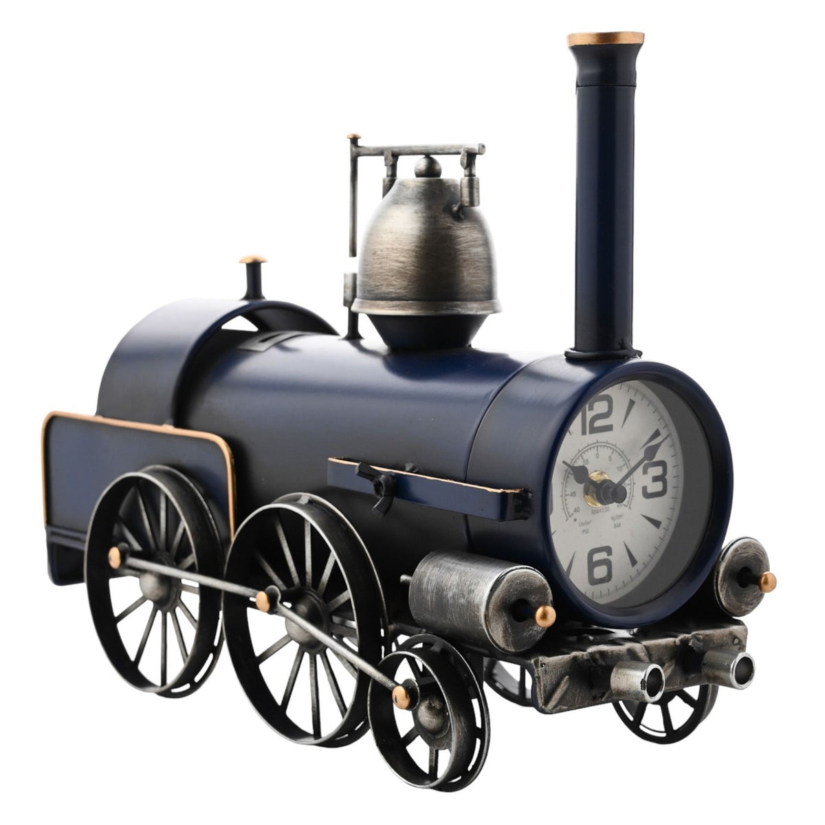 Vintage Steam Train Metal Mantel Clock with Money Box - Blue
