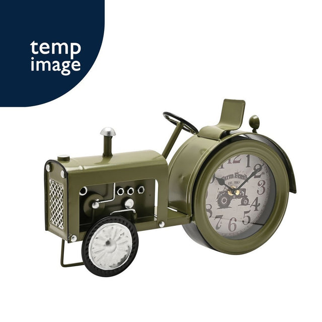 Green tractor mantel clock with an Arabic numeral clock face set into the large rear wheel, featuring a bonnet, exhaust stack, steering wheel, and seat, shown on a plain white background.