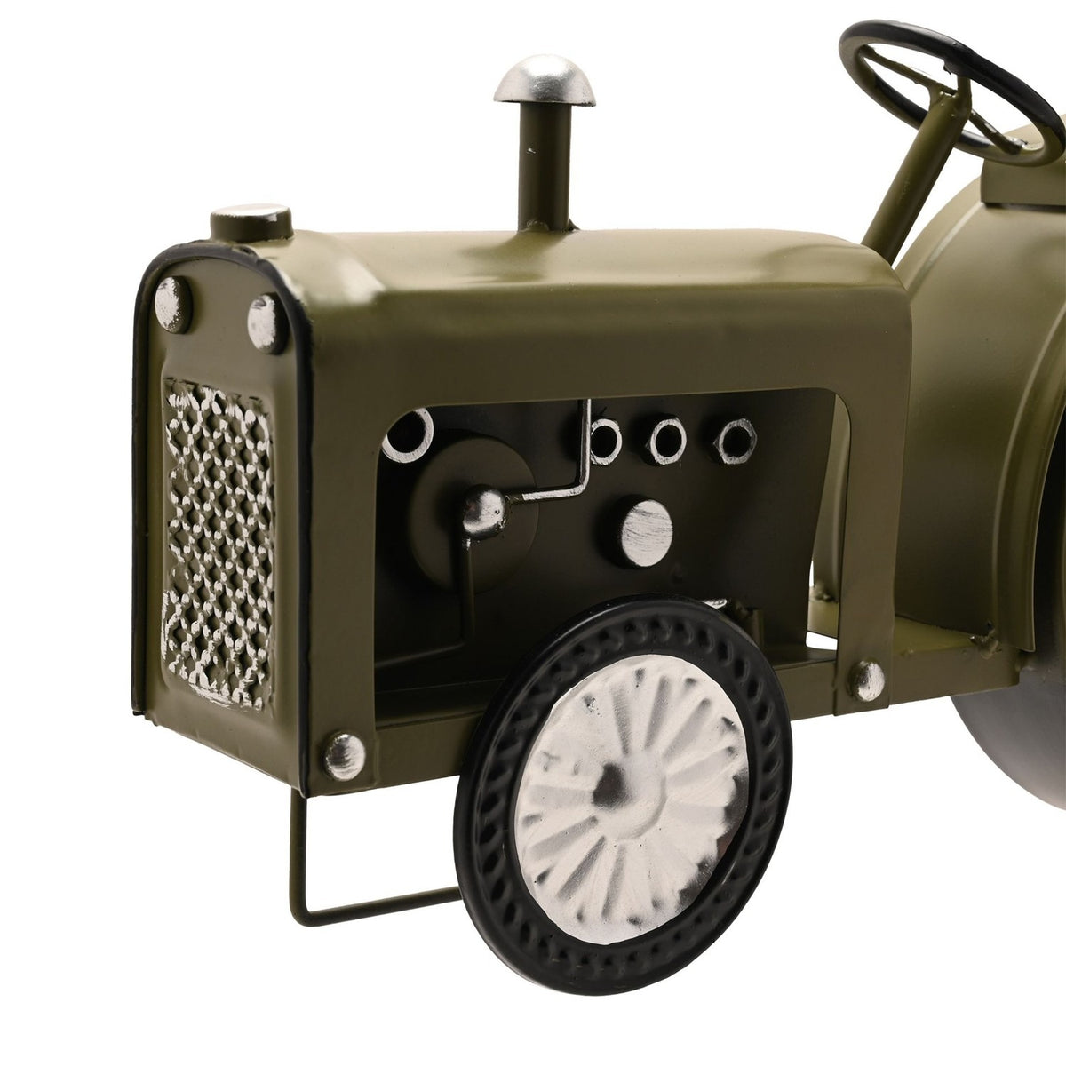 Green tractor mantel clock close-up showing the bonnet, exhaust stack, front grille, open engine bay with bolts, and front wheel detail on a white background.