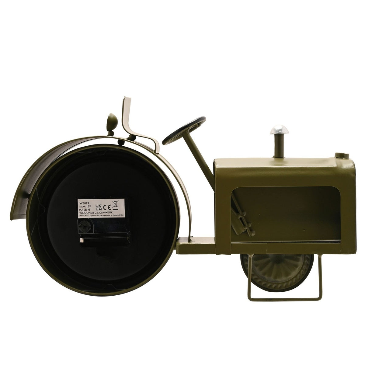 Rear view of the green Tractor Mantel Clock showing the battery compartment and clock mechanism inside the rear wheel, with steering wheel and bonnet visible, on a plain white background.