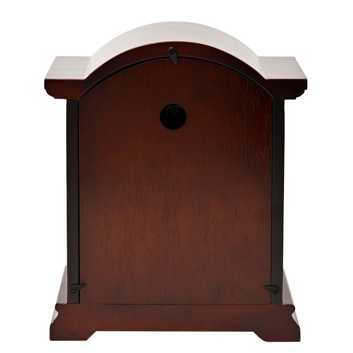 Rear view of the Dark Walnut Finish Broken Arch Pendulum Mantel Clock, showing the wooden case back, key hole, hinges and moulded base on a plain white background.