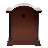 Rear view of the Dark Walnut Finish Broken Arch Pendulum Mantel Clock, showing the wooden case back, key hole, hinges and moulded base on a plain white background.
