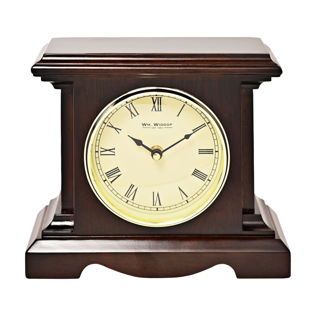 Square mantel clock in dark walnut finish with stepped moulded top and squared pillars, featuring a cream dial, black Roman numerals and gold-coloured rim, shown on a plain white background.