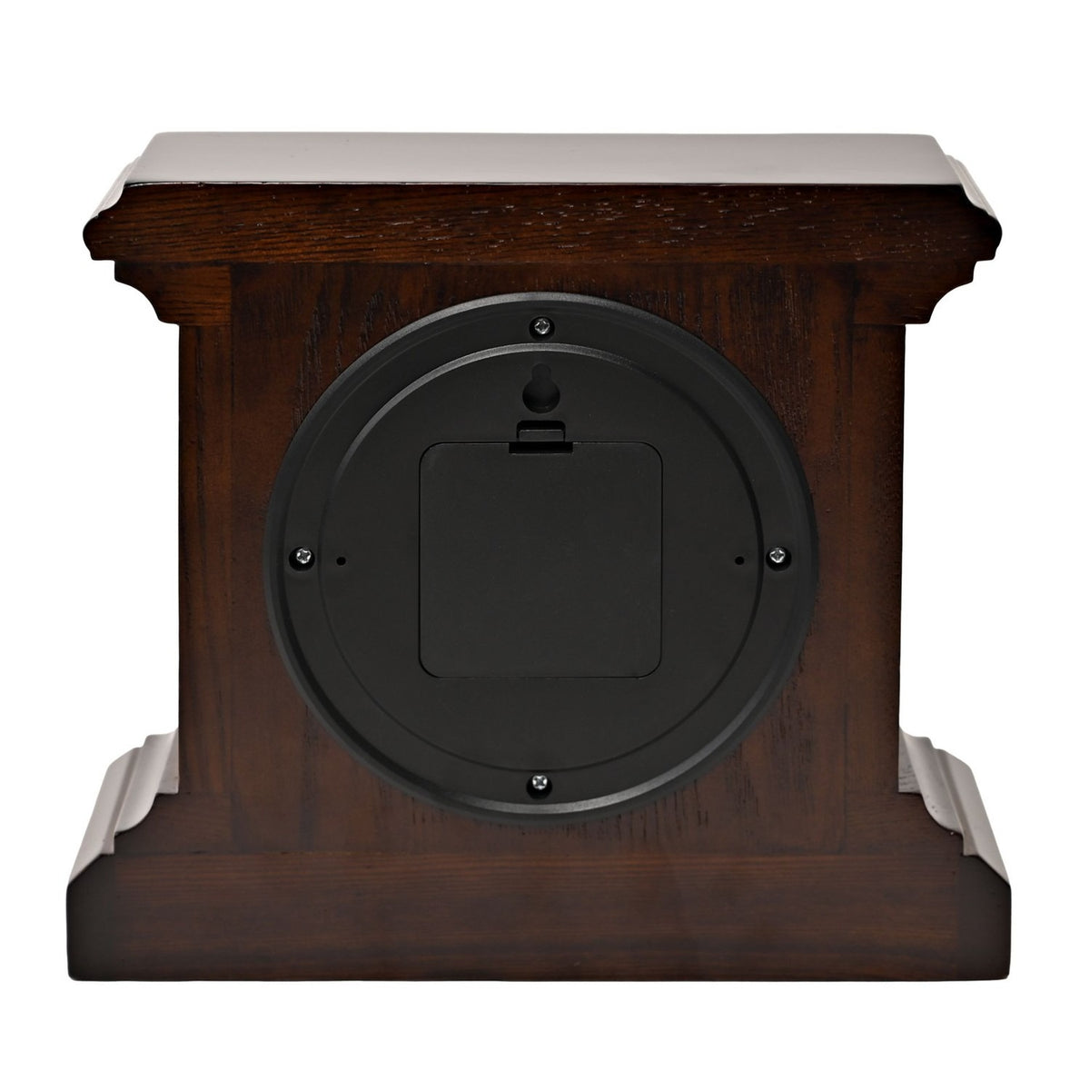 Rear view of the Square Roman Numeral Dark Walnut Mantel Clock showing wooden case with stepped pillars, plinth base, and black circular movement cover with access door, on white background.