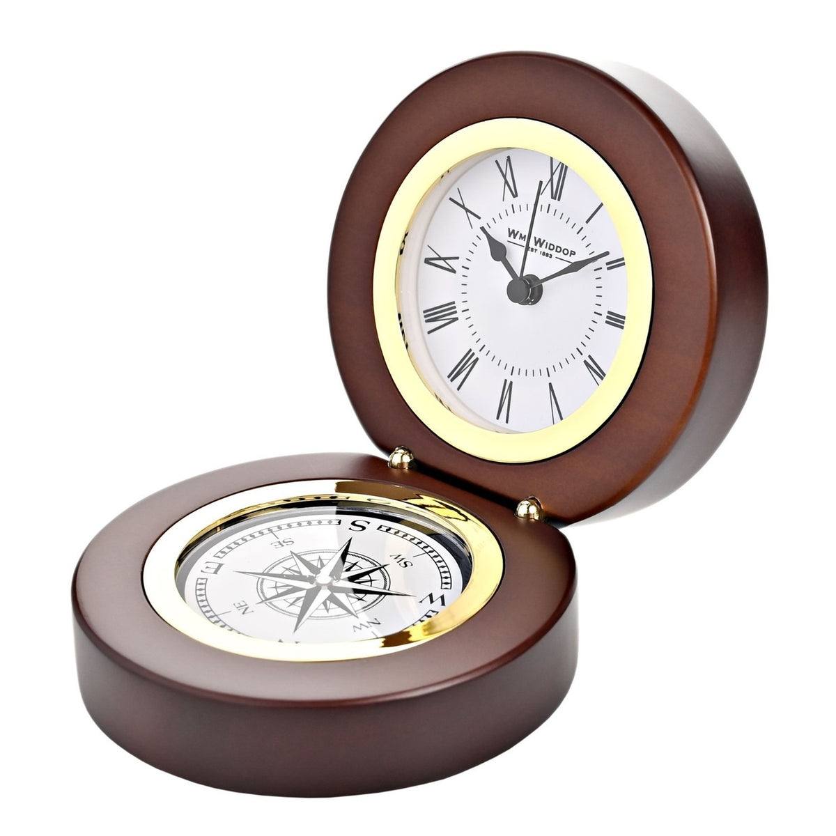 Round walnut finish folding mantel clock, open on its hinge with a white Roman numeral dial in a gold-tone bezel above a compass rose base, shown on a white background.