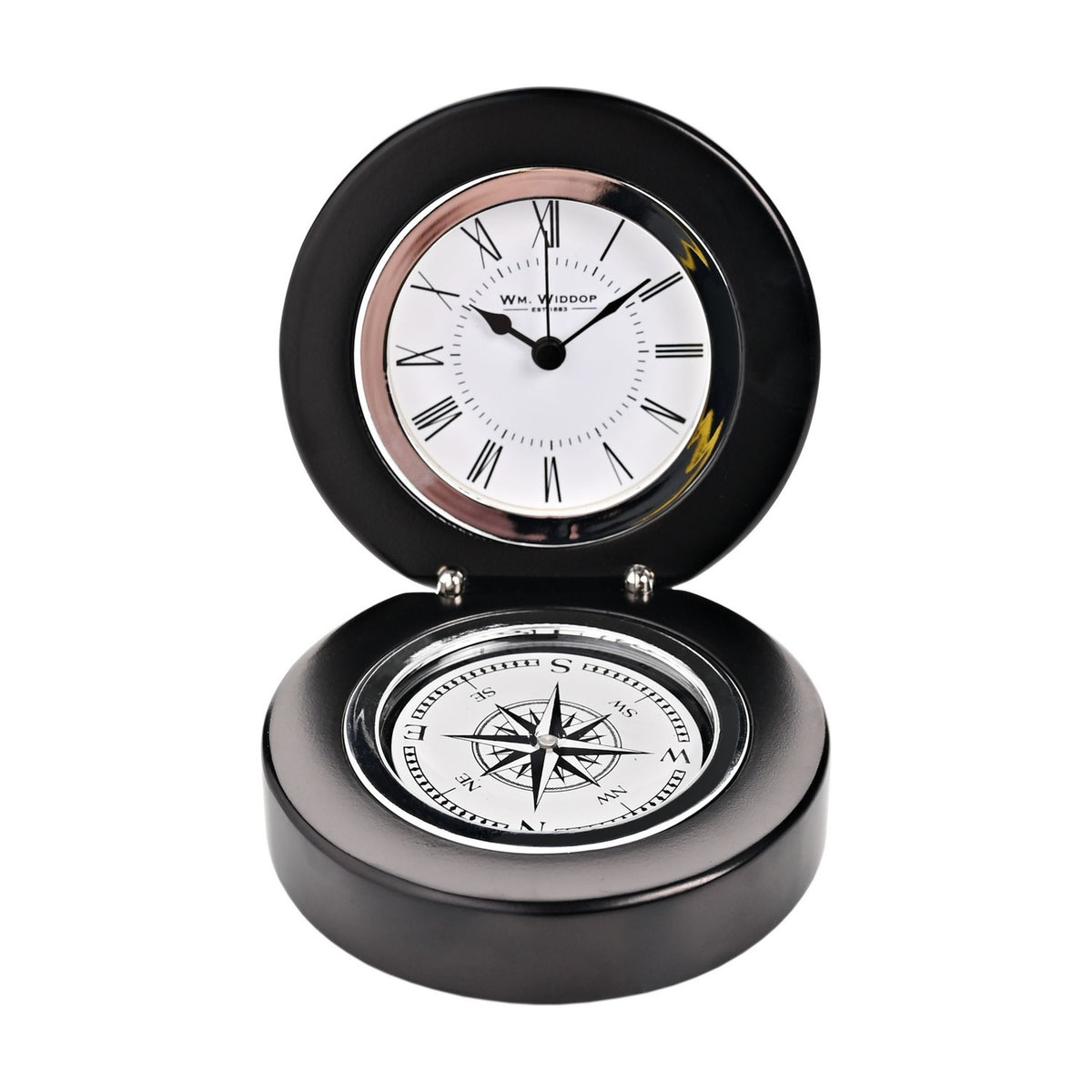Round Folding Wooden Mantel Clock with Compass Base - Black
