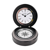 Round Folding Wooden Mantel Clock with Compass Base - Black