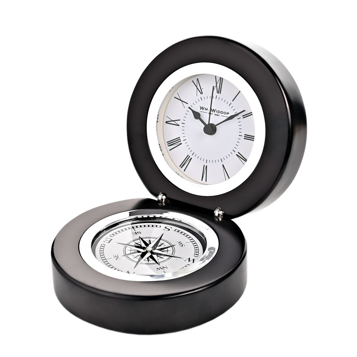 Round Folding Wooden Mantel Clock with Compass Base - Black