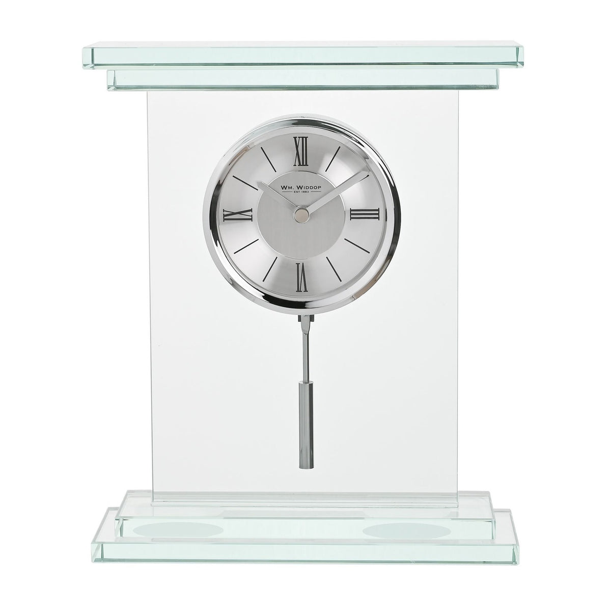Glass Pendulum Mantel Clock with Roman Numeral Dial - Clear
