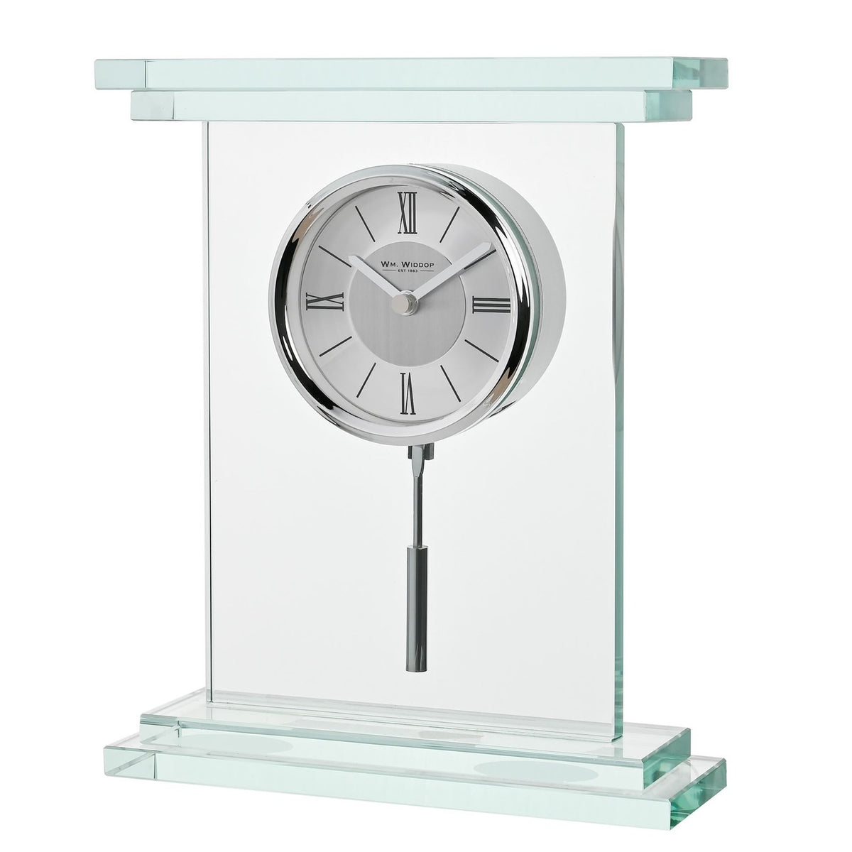 Glass Pendulum Mantel Clock with Roman Numeral Dial - Clear