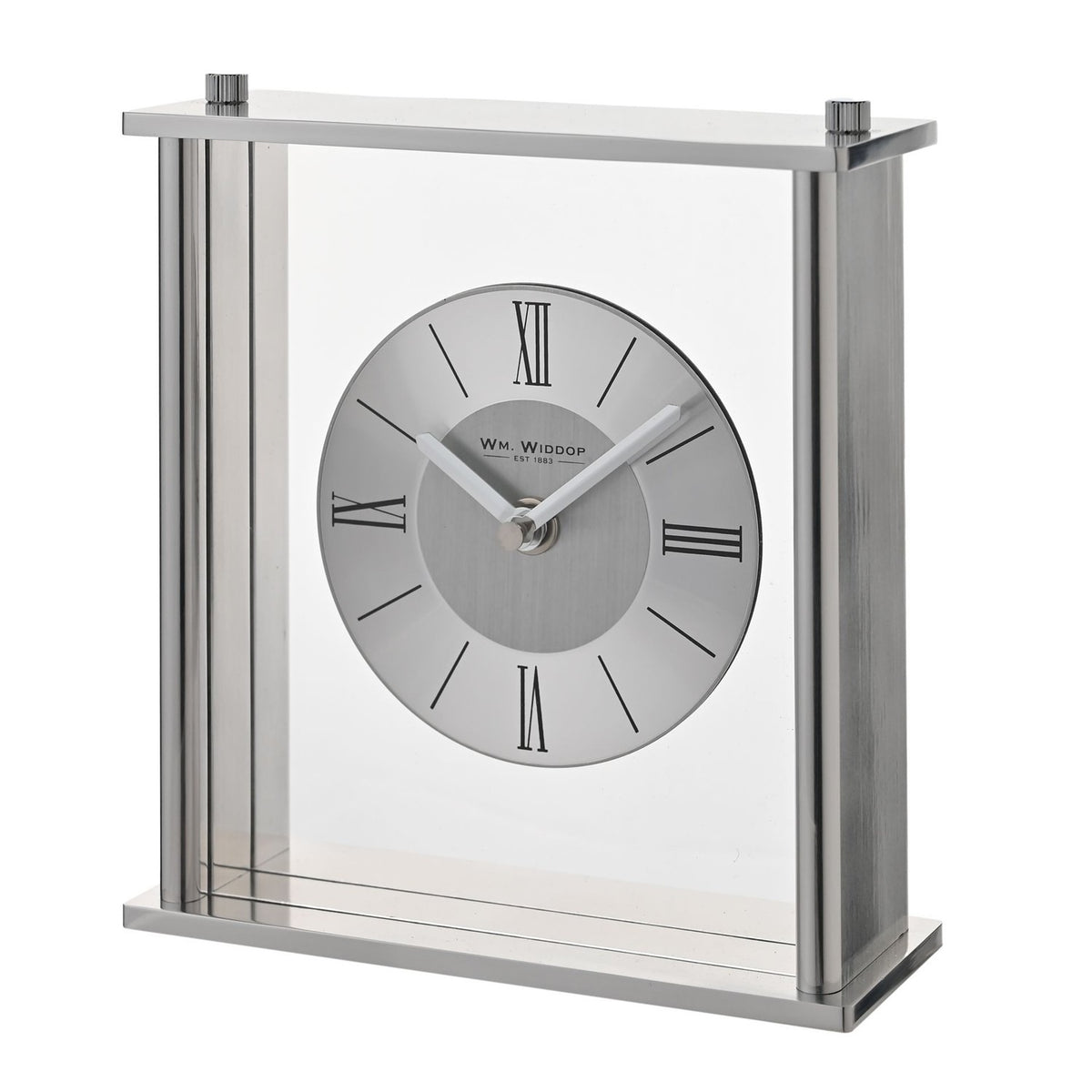 Square mantel clock with slim silver frame and clear glass panel, round two-tone silver dial with black Roman numerals and baton markers, on a plain white background.