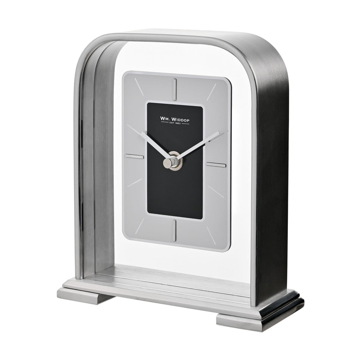 Arched portrait mantel clock in silver metallic finish with a rectangular black centre dial, silver-grey surround, baton markers, and silver hands, set on a plain background.