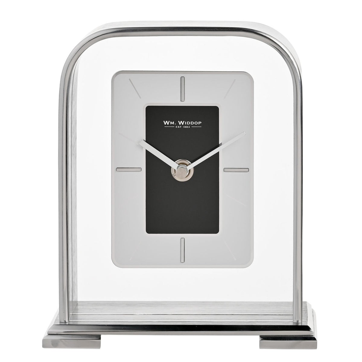 Arched portrait mantel clock in silver metallic finish with clear surround, rectangular black centre dial, silver-grey frame, baton markers and silver hands, on a plain background.