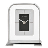 Arched portrait mantel clock in silver metallic finish with clear surround, rectangular black centre dial, silver-grey frame, baton markers and silver hands, on a plain background.
